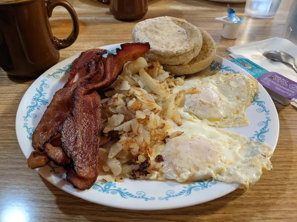 Bacon Eggs Hash Browns and English Muffin
